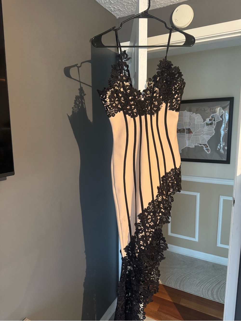 Bella Barnett Black Lace-Trim Nude Bodycon Dress with Spaghetti Straps